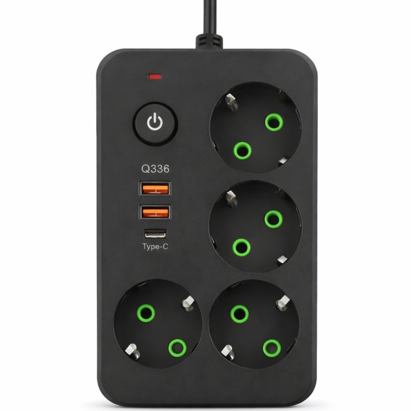 Мережевий фільтр-подовжувач на 4 розетки з USB-A та Type-C, чорний корпус, фронтальний вигляд