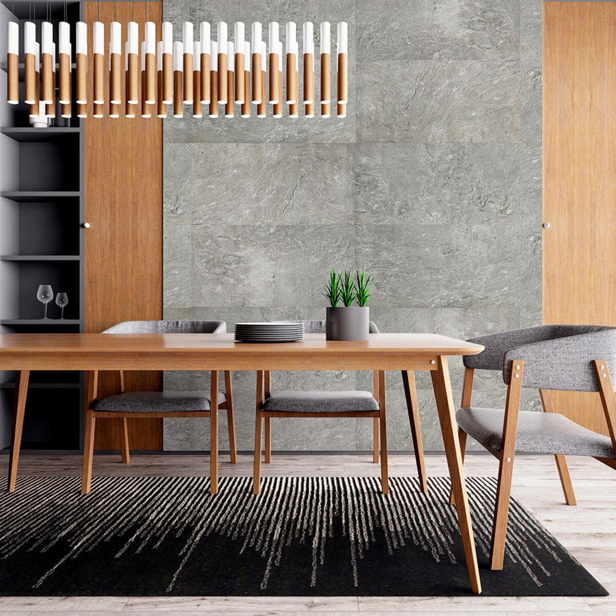 Влагостойкая виниловая плитка под мрамор 600x300 в интерьере столовой, крупный план текстуры