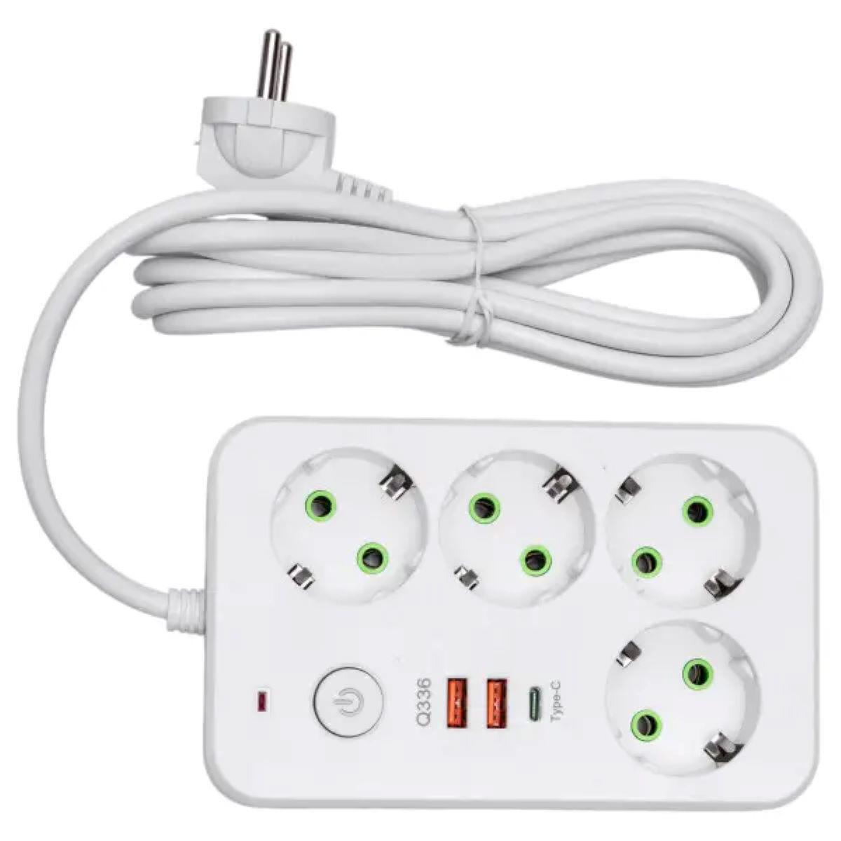 Білий мережевий фільтр-подовжувач на 4 євророзетки з USB-A, USB-C та кабелем 3 м