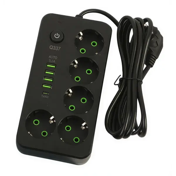Мережевий фільтр-подовжувач 5 розеток, 4 USB-A та USB Type-C, чорний, 3 м