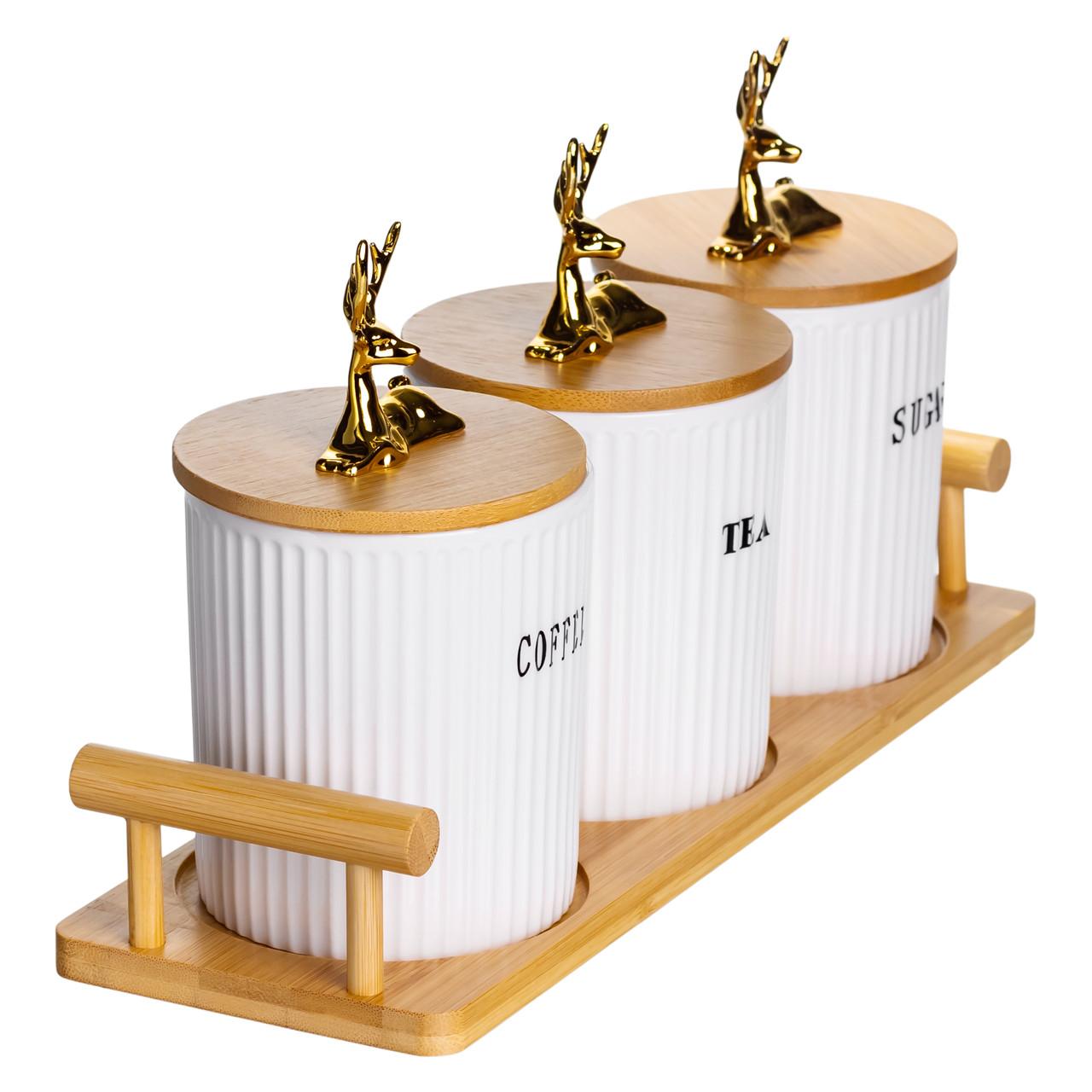 Набір банок для сипучих продуктів на бамбуковій підставці з ручками, вигляд збоку