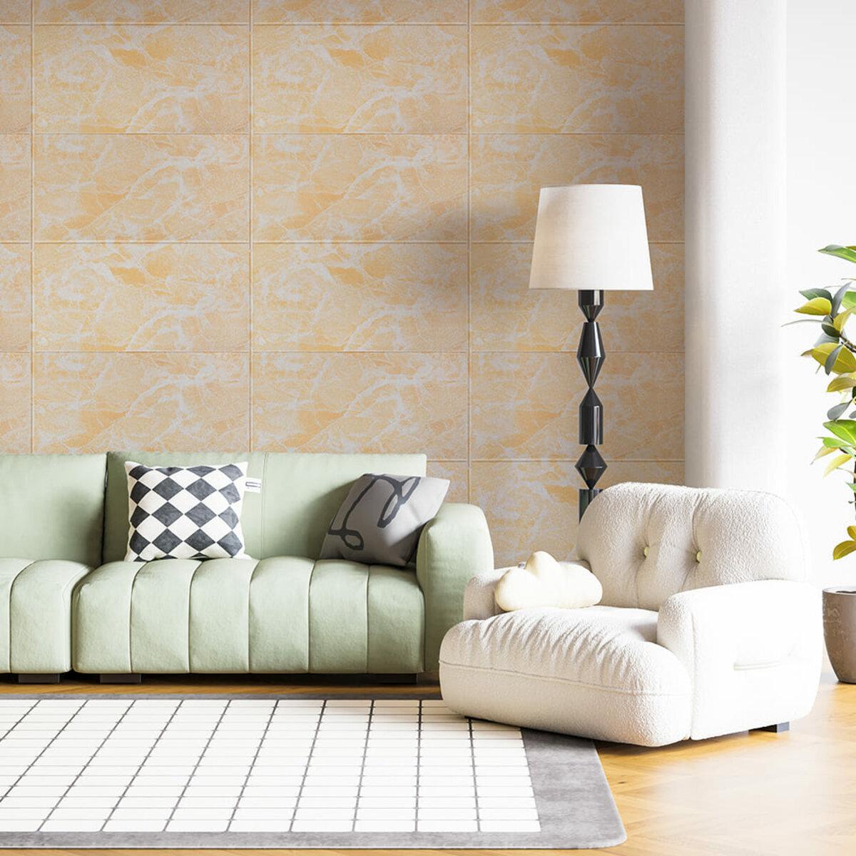 Интерьер с самоклеящейся 3D панелью персиковый мрамор 700x700 — декоративная мраморная панель для стен