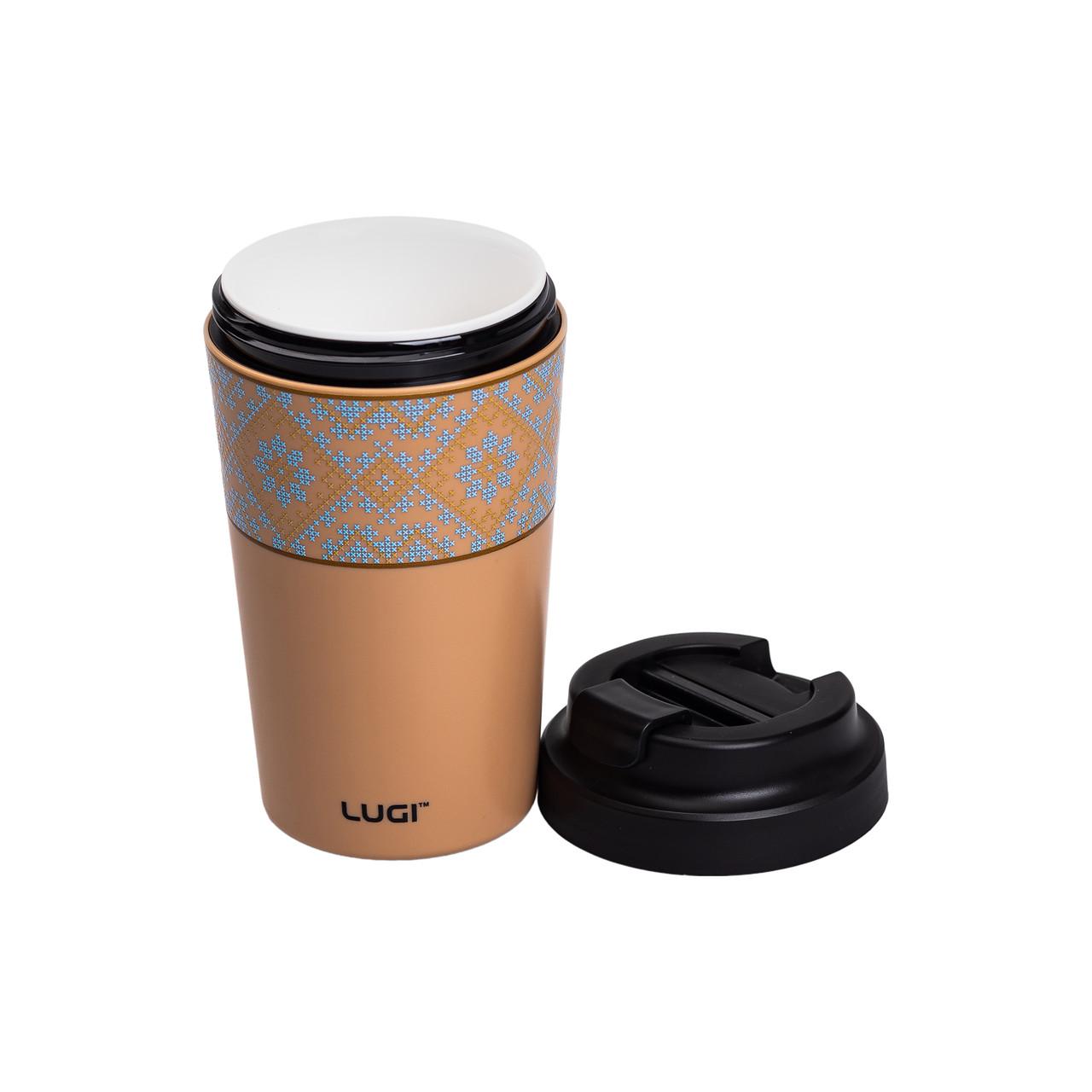 термокружка с фарфоровой колбой 380 мл, оранжевая — вид с открытой крышкой