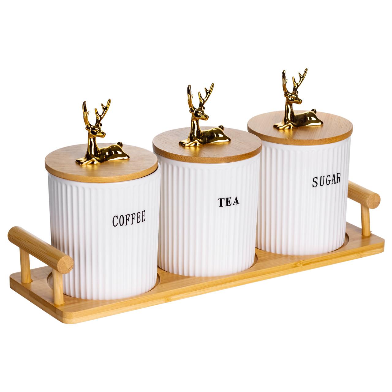 Фарфорові банки для чаю, кави та цукру на бамбуковій підставці з ручками