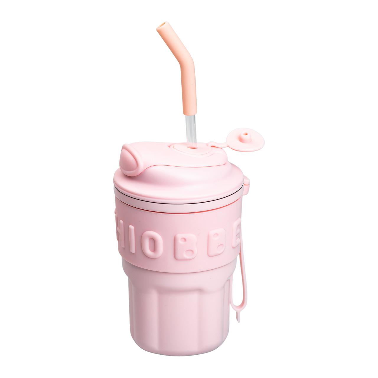 Термокружка с трубочкой 450 мл розовая, вакуумная колба из нержавеющей стали