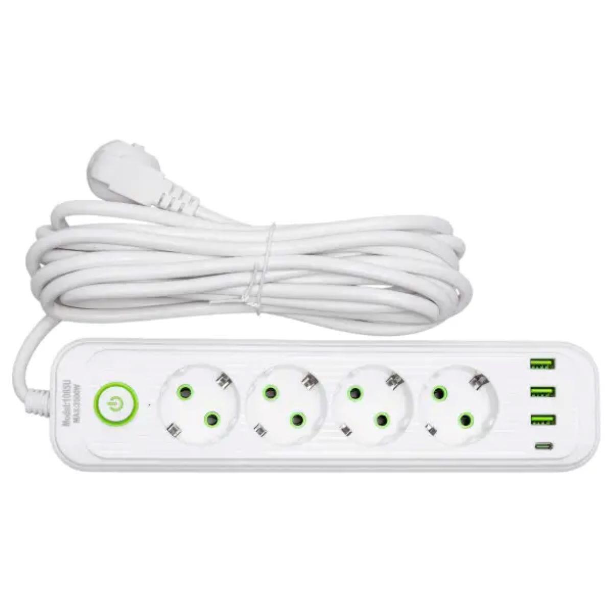 Білий мережевий подовжувач 5 м з євророзетками та портами USB-A і USB-C
