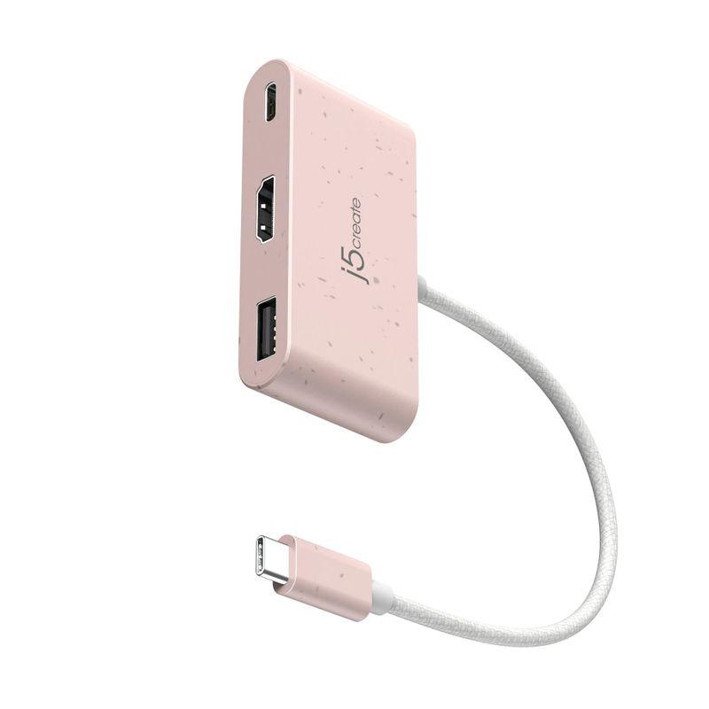 Рожевий USB-C хаб J5create 3-в-1 з портами HDMI 4K, USB-A та USB-C Power Delivery