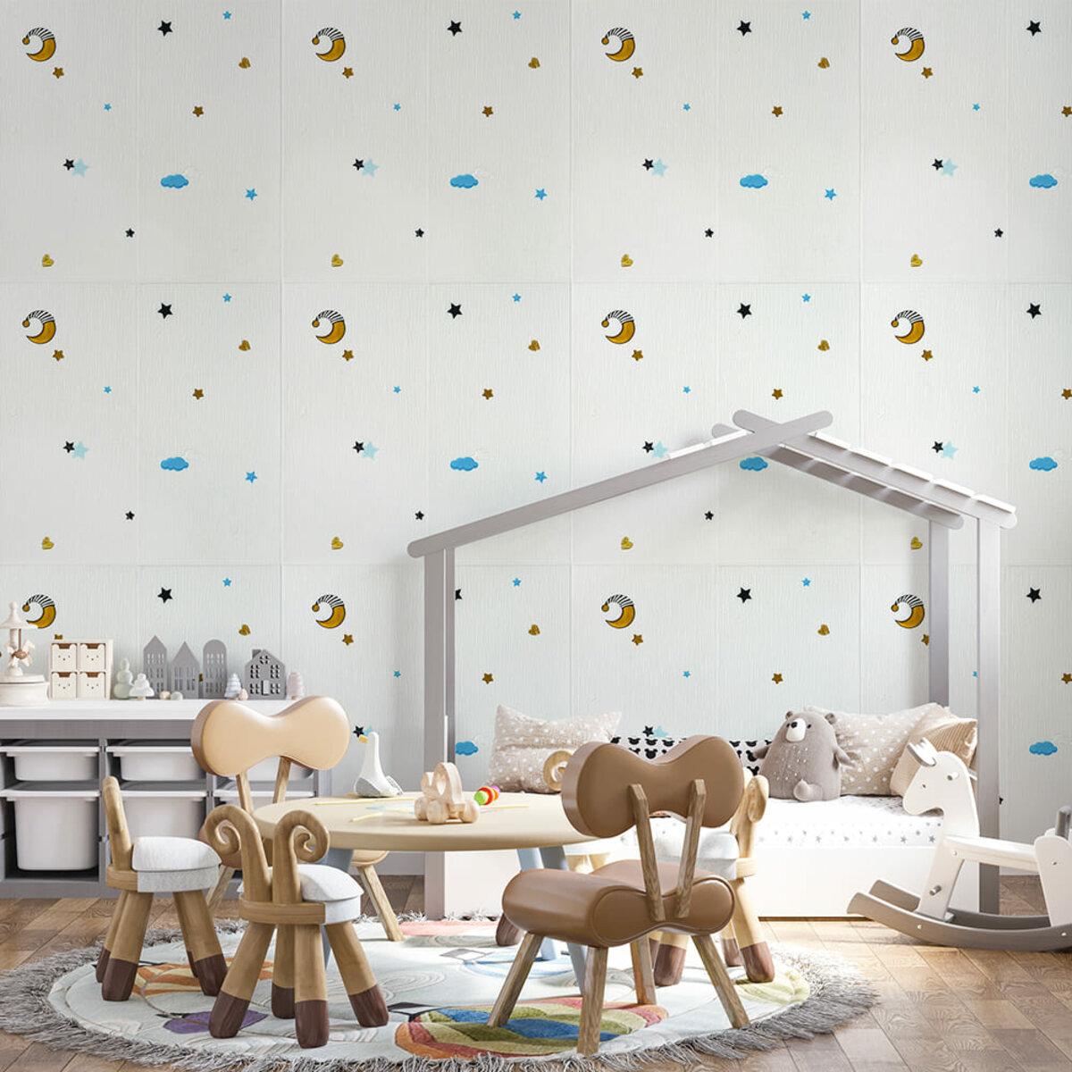 Декоративная самоклеящаяся 3D панель Звезды и Луна 700x700 мм в интерьере детской