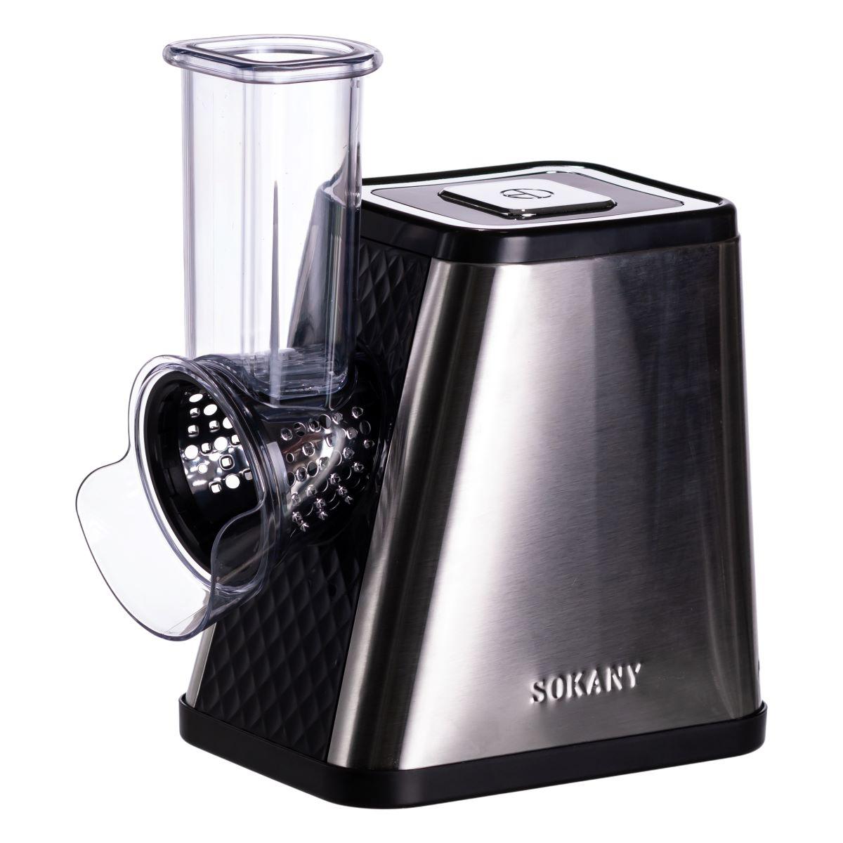 Крупный план электрической овощерезки Sokany SK-06029 с насадками для нарезки и шинковки