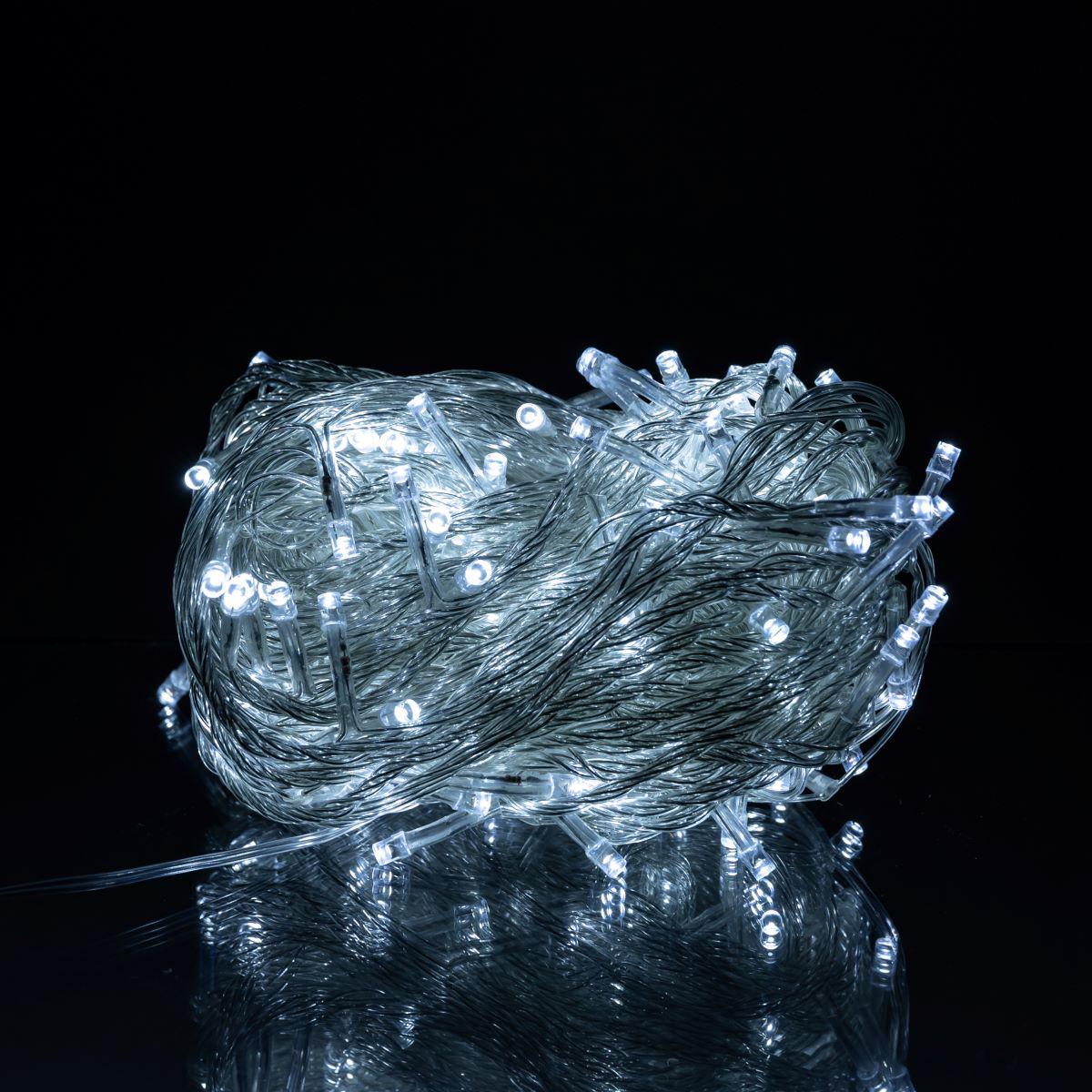 Крупный план 160 LED на прозрачном кабеле — декоративная белая гирлянда с режимами