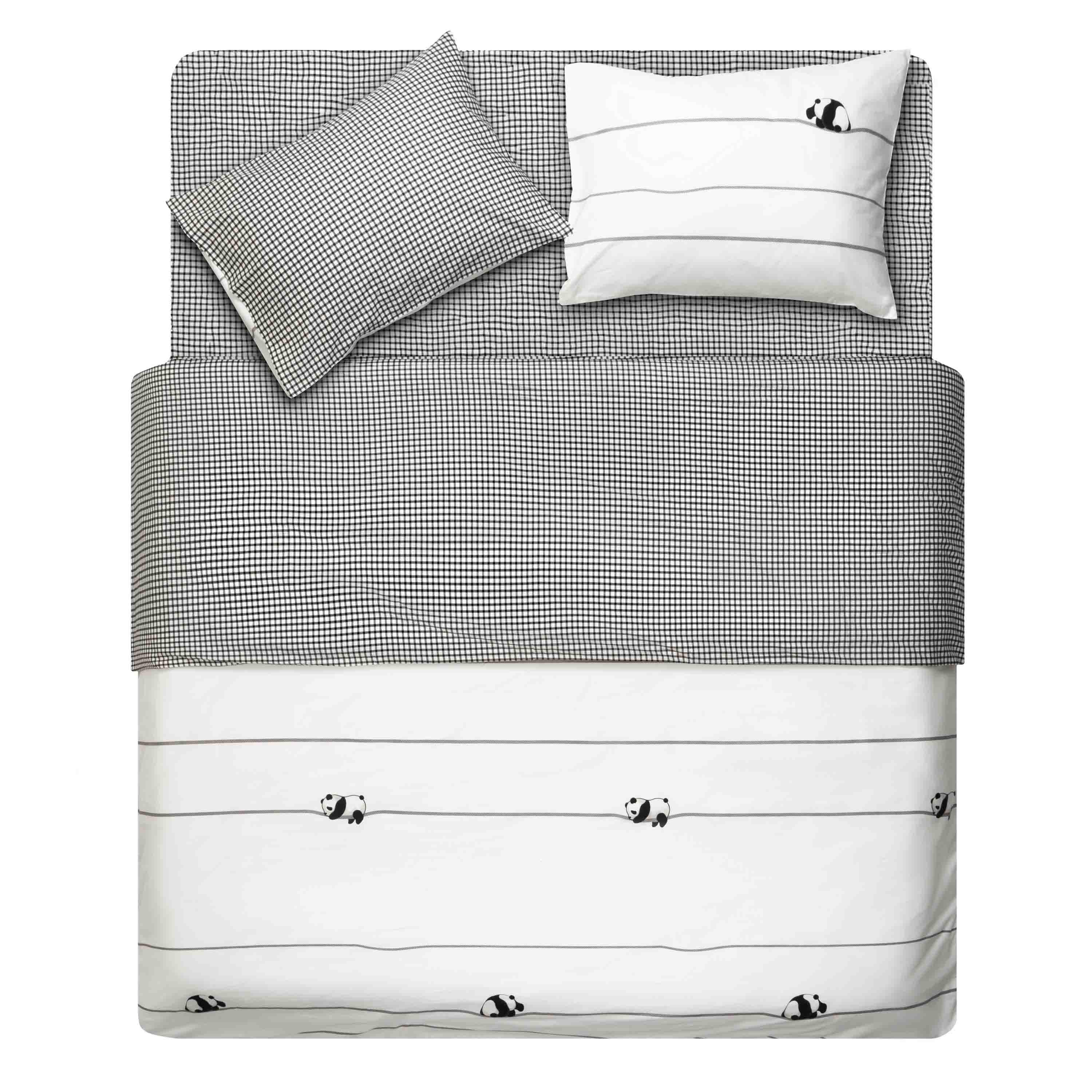 сатиновый комплект постельного белья 160x220 — полутораспальный комплект с рисунком панды и клеткой