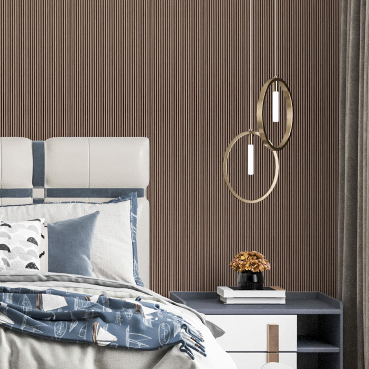 WPC рейки в інтер’єрі спальні — стильний декор стіни під дерево