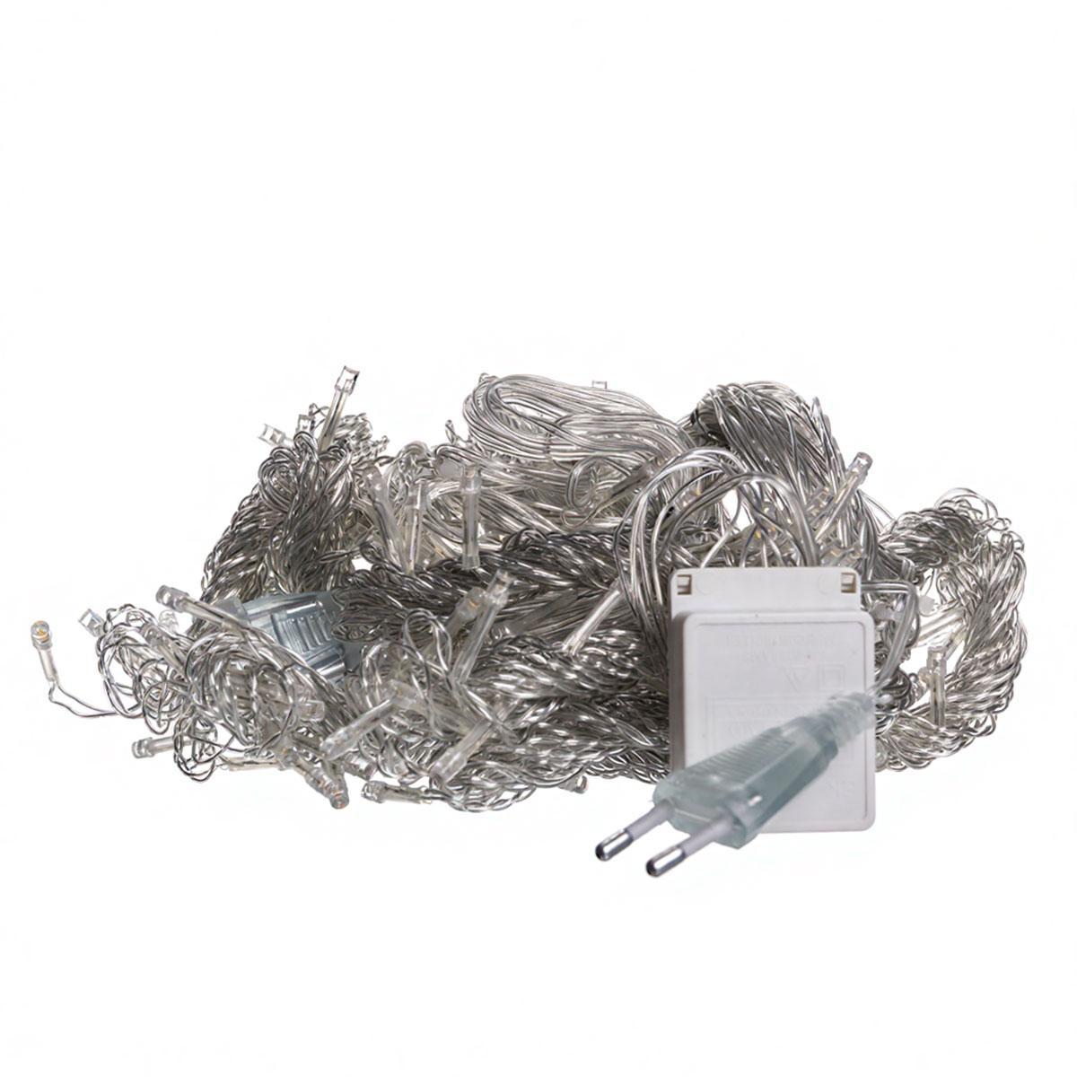 LED гирлянда-штора 3x3 м с 192 жёлтыми светодиодами и белым кабелем, крупный план с вилкой и блоком питания