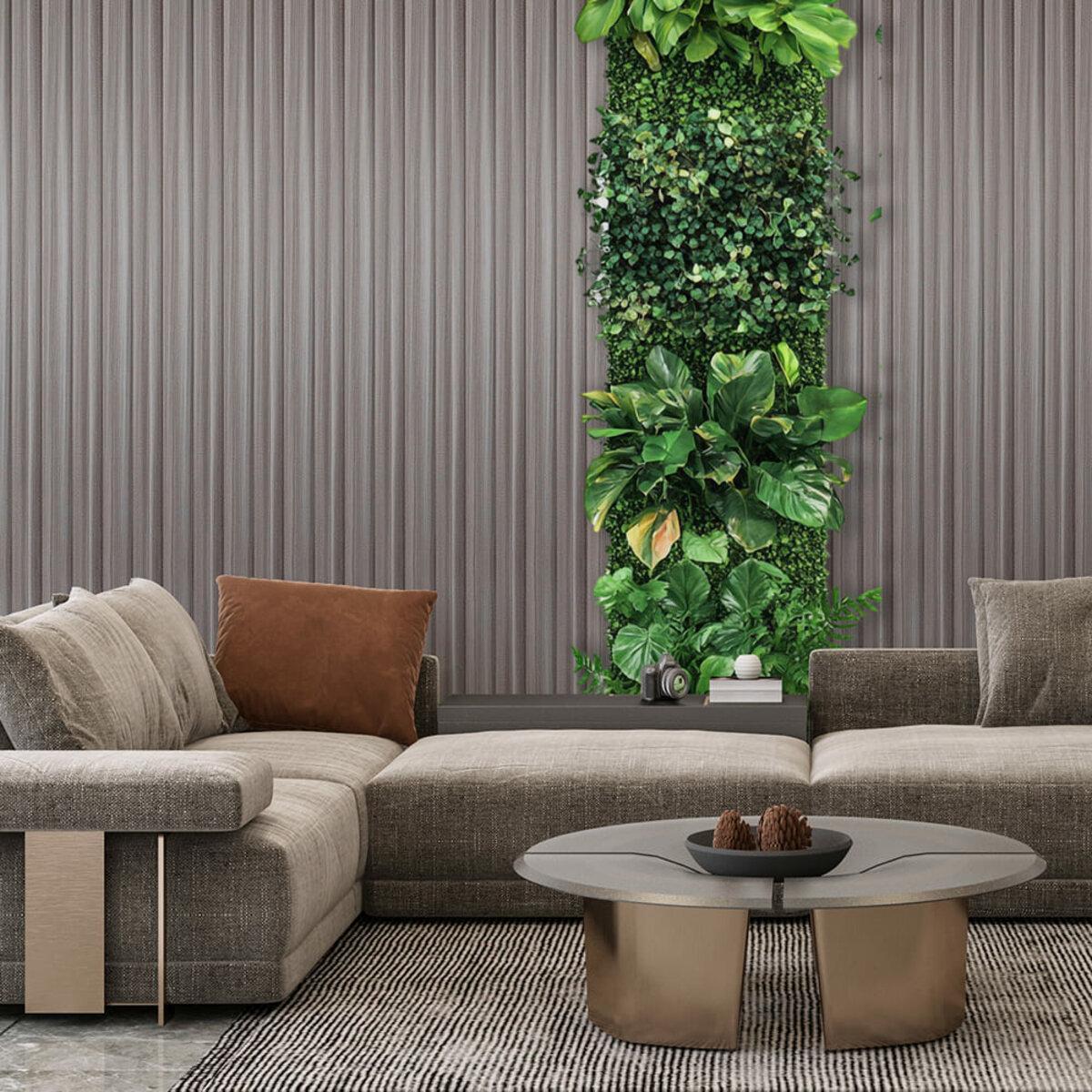 WPC-рейка для стіни в сучасному інтер’єрі вітальні з декоративним покриттям під дерево