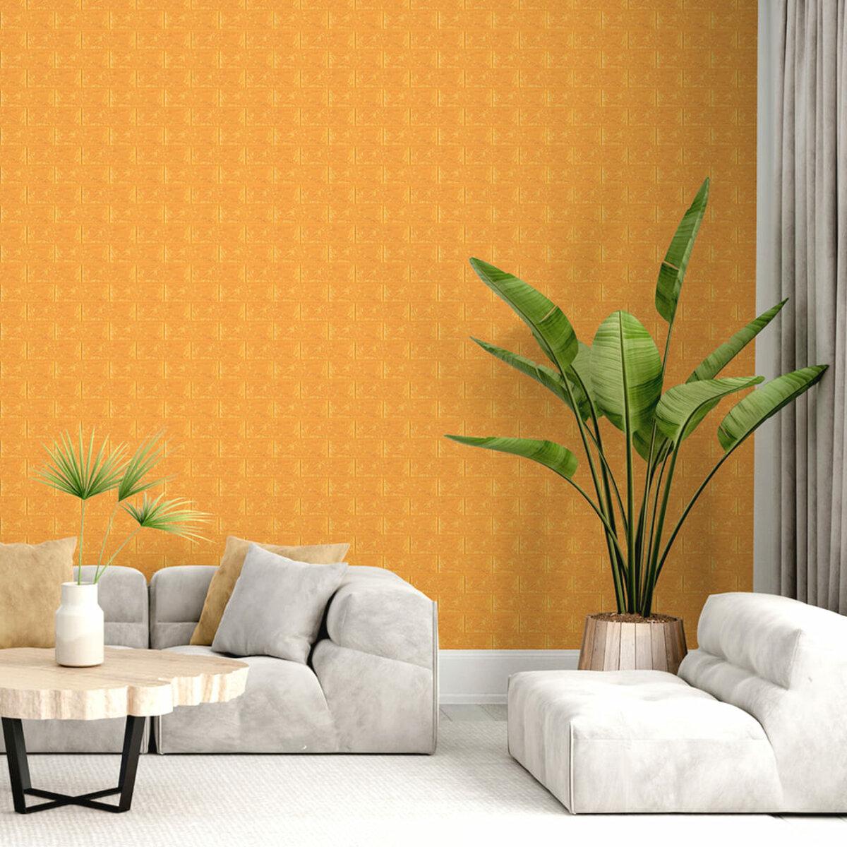 3D панель самоклеящаяся золотая под кирпич в интерьере, панель 700x770x7 мм