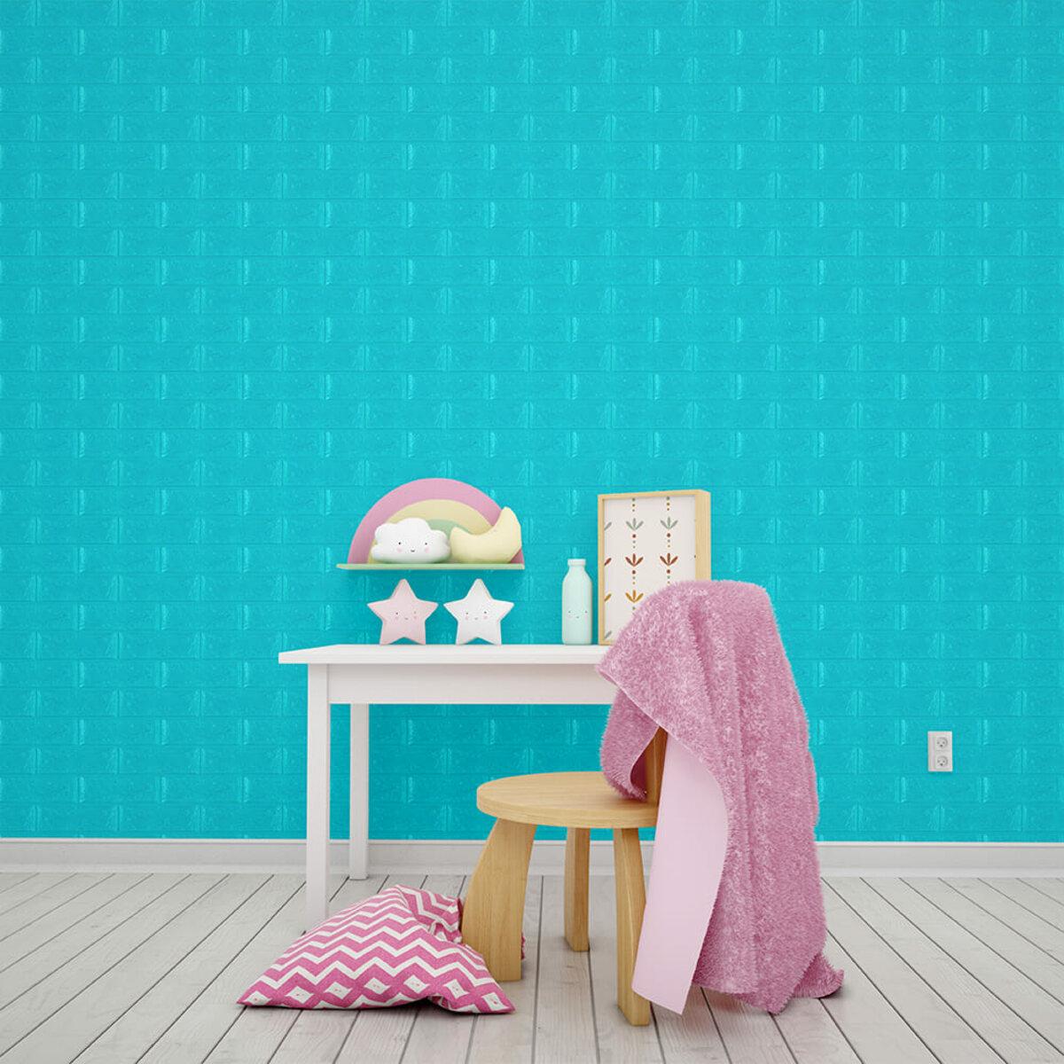 Бирюзовая 3D панель самоклеящаяся кирпич в интерьере — панели для стен 3D кирпич, размер 700х770