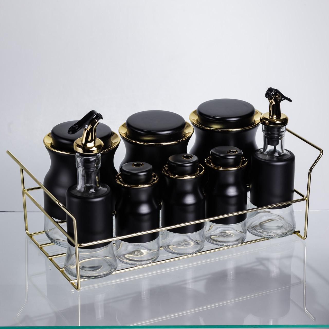 Кухонний органайзер для спецій, олії та оцту на чорній підставці, кутовий ракурс