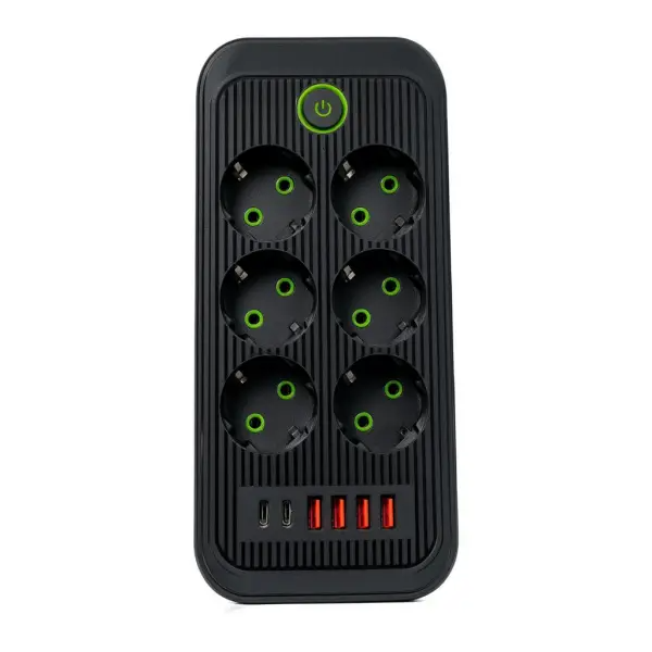 Мережевий фільтр-подовжувач 6 розеток, 4 USB-A та 2 USB Type-C, чорний корпус