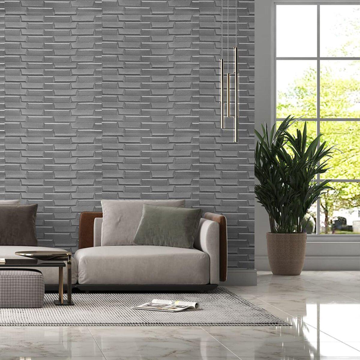 Стеновая декоративная панель серебряная в интерьере — 3D панель под кирпич 770x700x5 мм