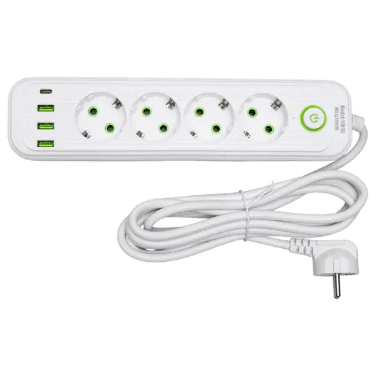 Білий мережевий подовжувач на 4 розетки з трьома USB-A, USB-C та кабелем 3 м