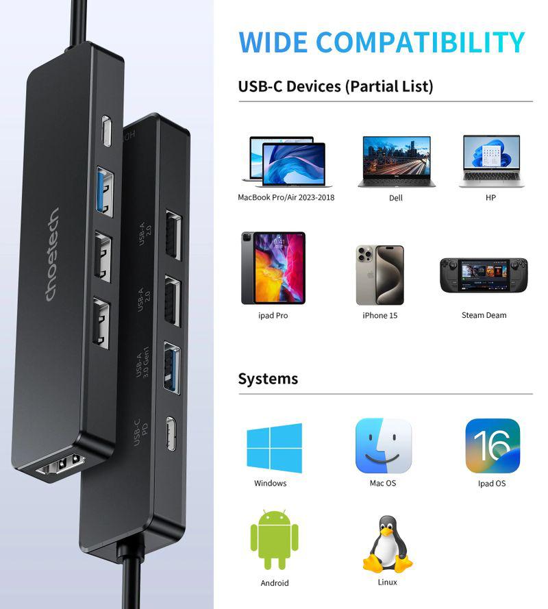 USB-C хаб Choetech HUB-M80-BK 5-в-1 з HDMI, USB 3.0, двома USB 2.0 та PD 100 Вт