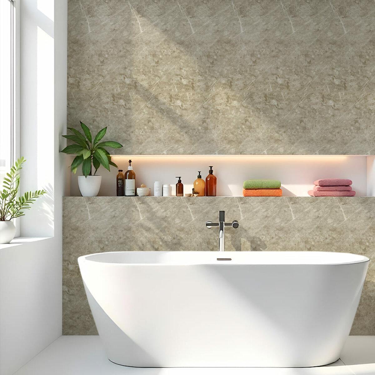 Рулонная самоклеящаяся стеновая плитка PET 600x3000x2 мм в интерьере ванной, водостойкая плитка рулонная