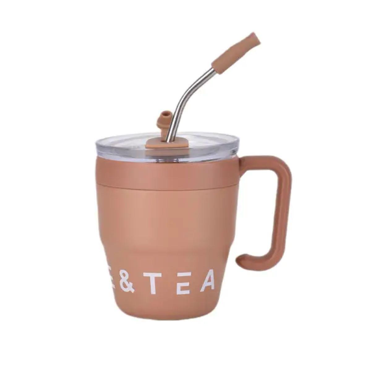 Коричневая термокружка с трубочкой и ручкой, нержавеющая сталь, 480 мл