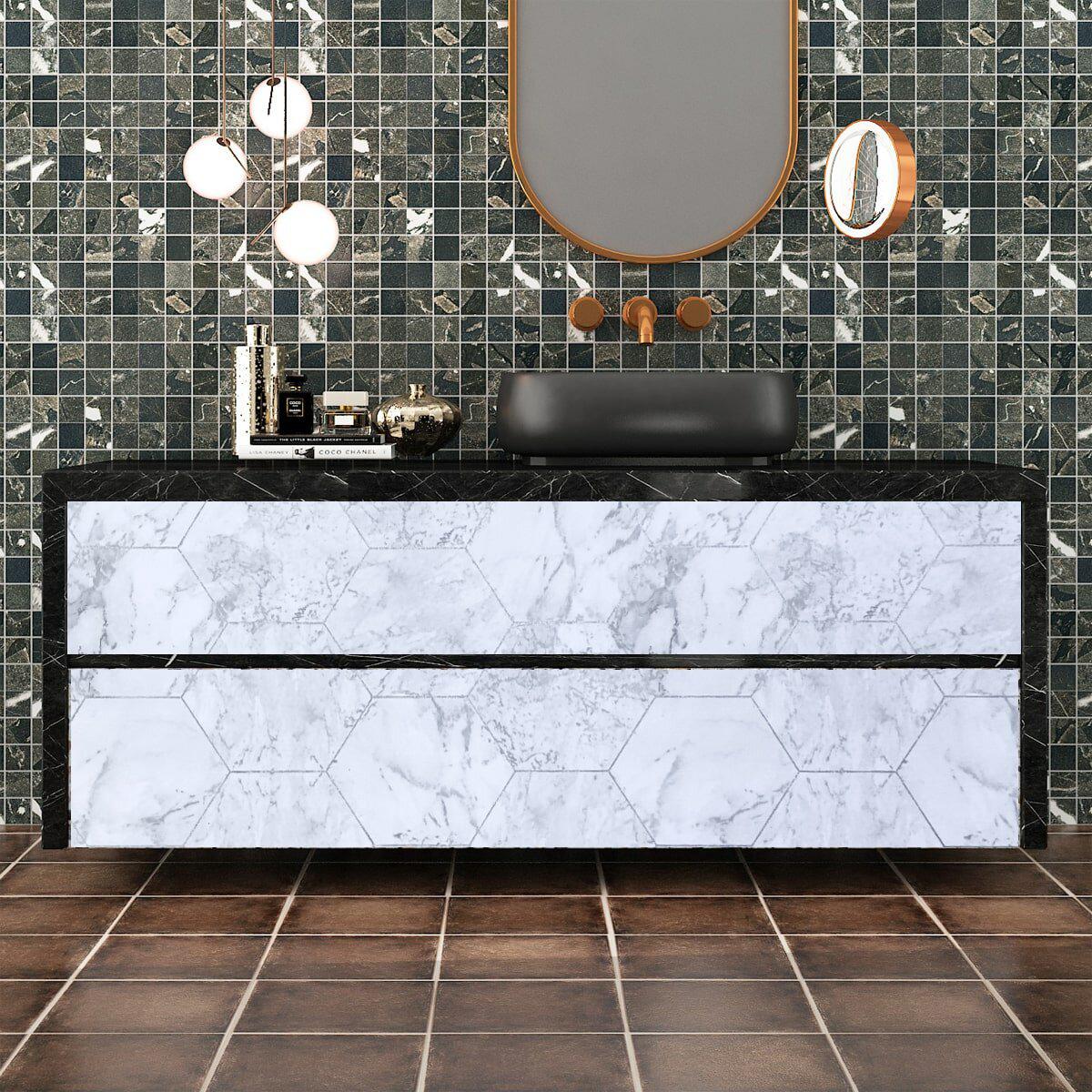 Самоклеящаяся плёнка серый мрамор на фасаде тумбы — пленка для мебели и дверей 0.45x10м