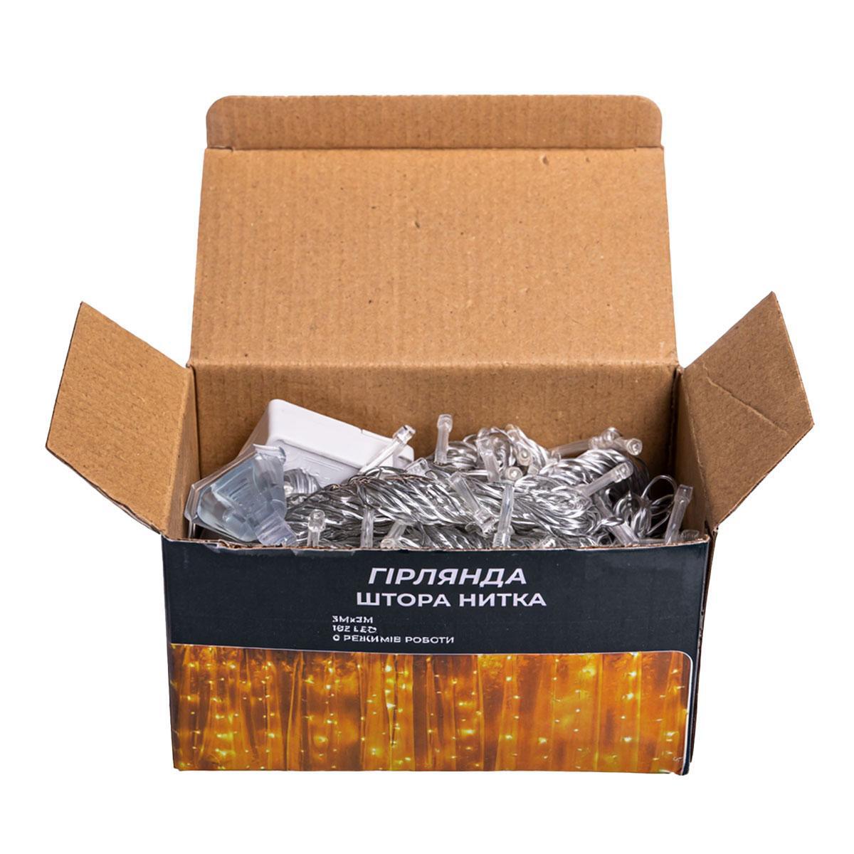Упаковка и комплект гирлянды-шторы 3x3 м, коробка с белым кабелем и LED нитями