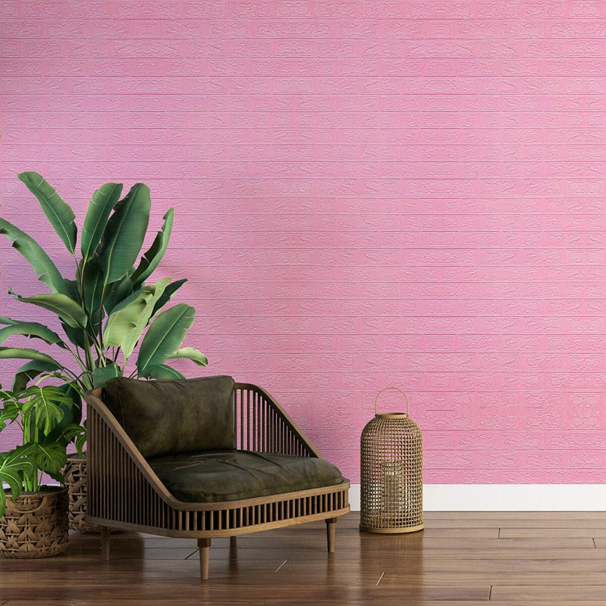 Розовая самоклеящаяся 3D панель под кирпич 3080x700x3 мм в интерьере — декоративная панель для стен