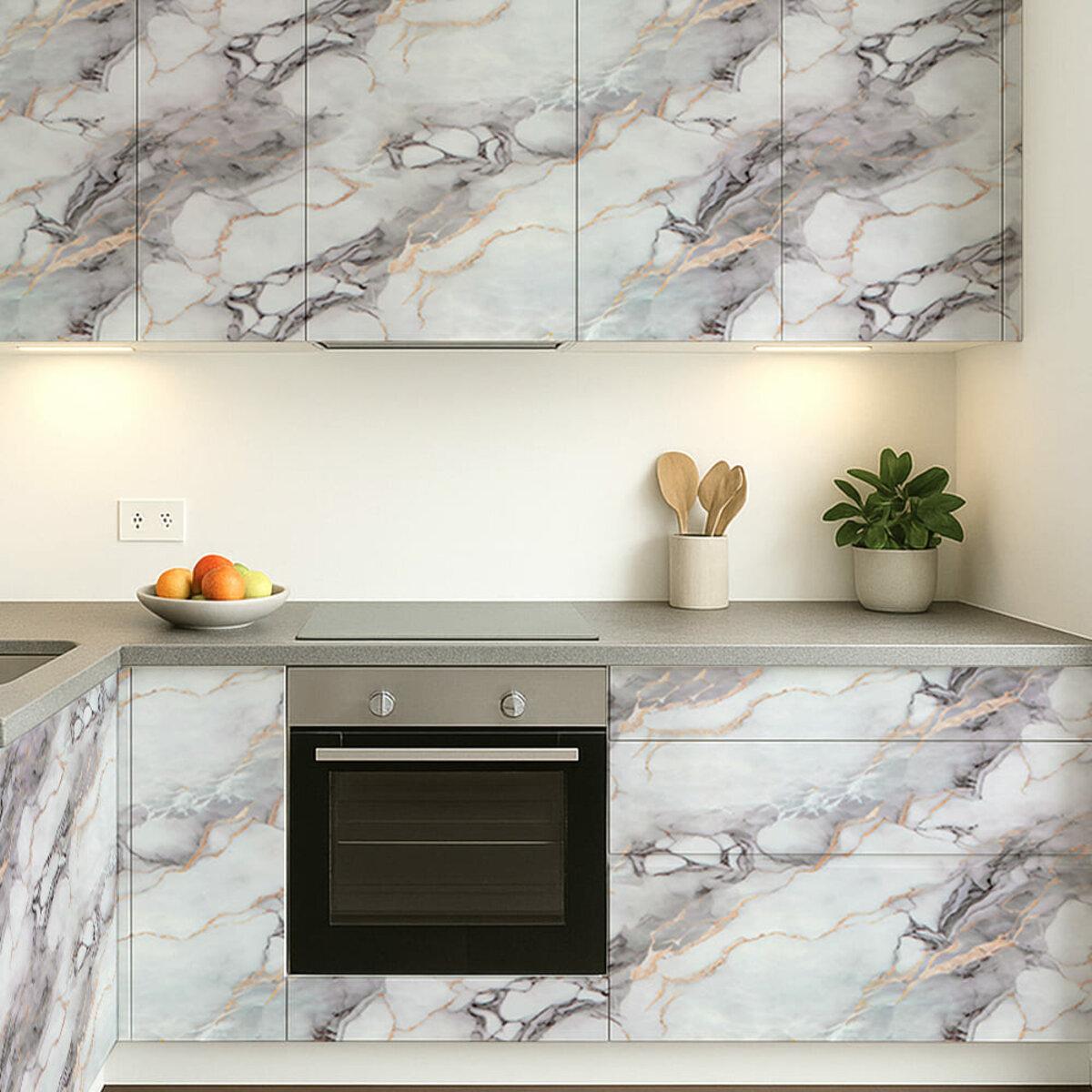 самоклеящаяся ламинированная пленка под мрамор на фасадах кухни 600 мм