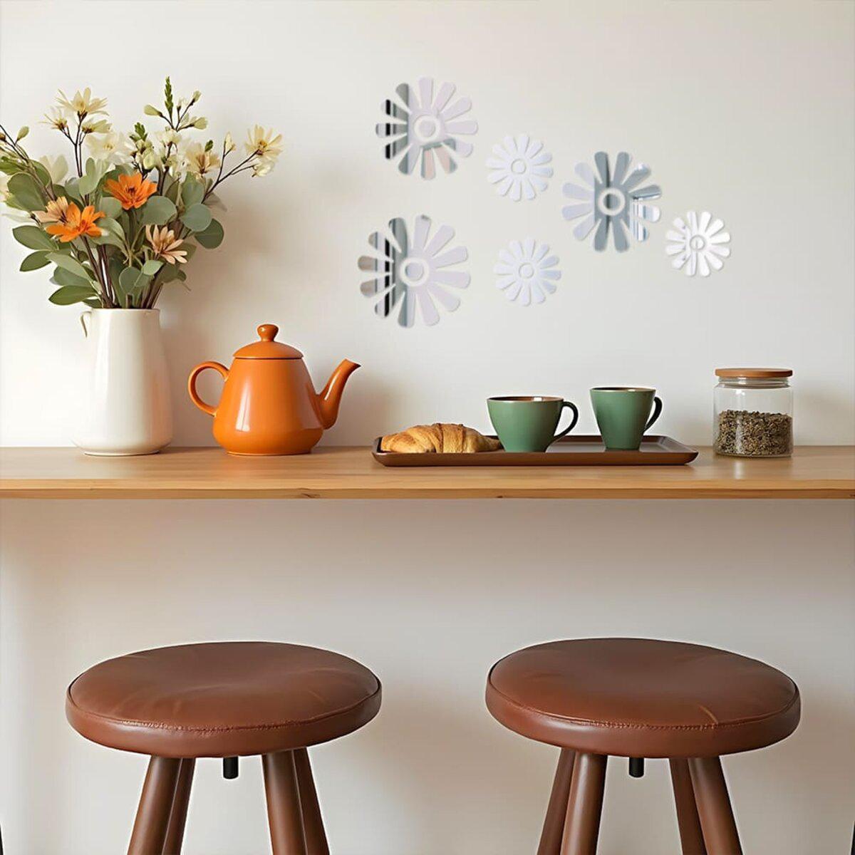 Акриловый зеркальный декор цветы на стене кухни — самоклеящиеся зеркальные цветочные наклейки набор 6 шт