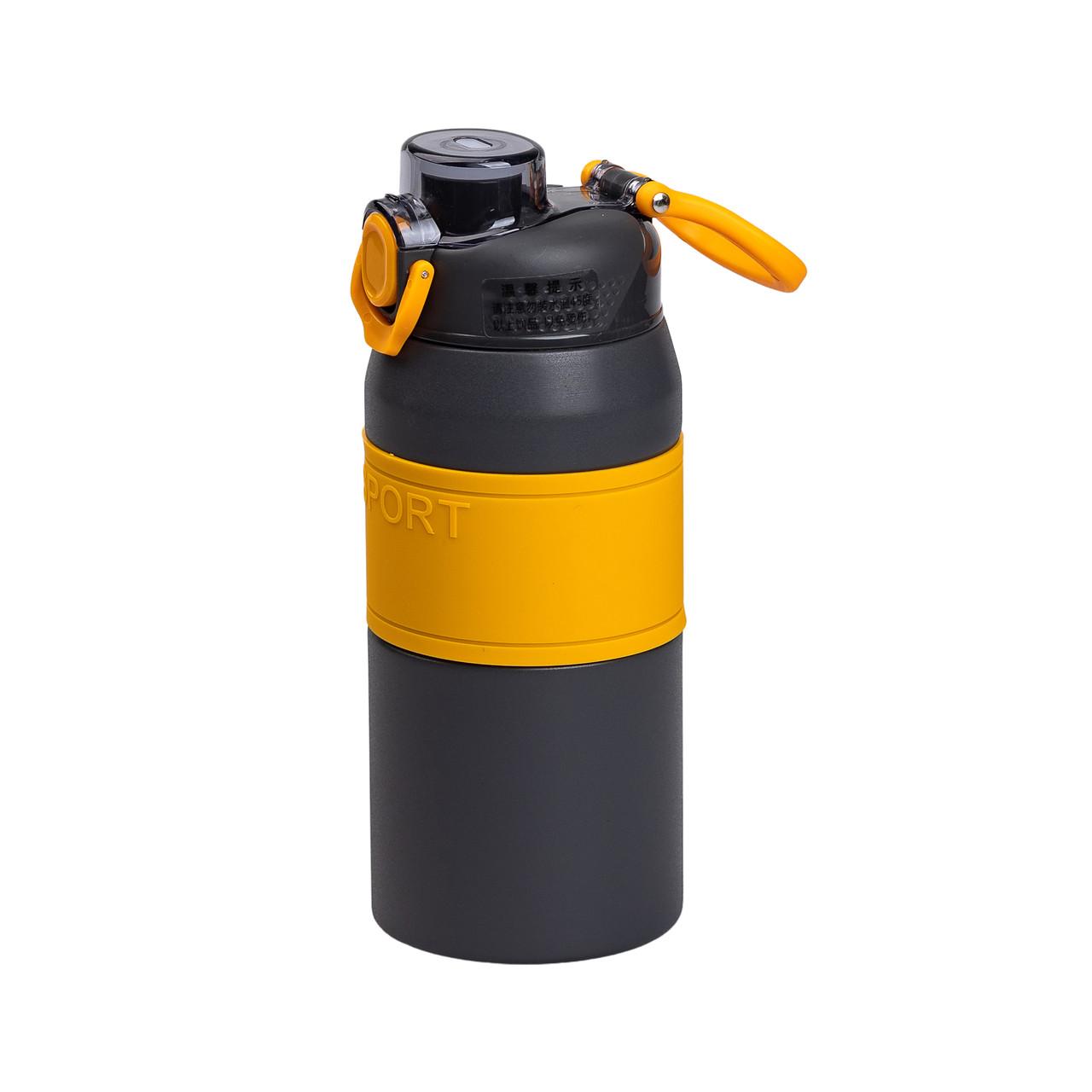 термос для активного отдыха 600 мл, спортивный термос с ручкой и кнопочной крышкой, чёрно-жёлтый