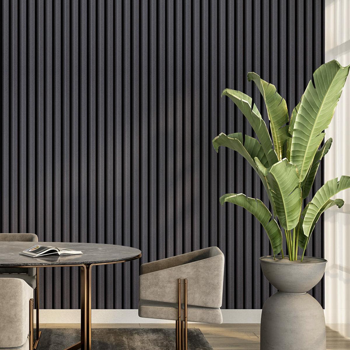 вертикальная рейка для отделки интерьера — черная декоративная рейка WPC 3000x160x23 мм в интерьере