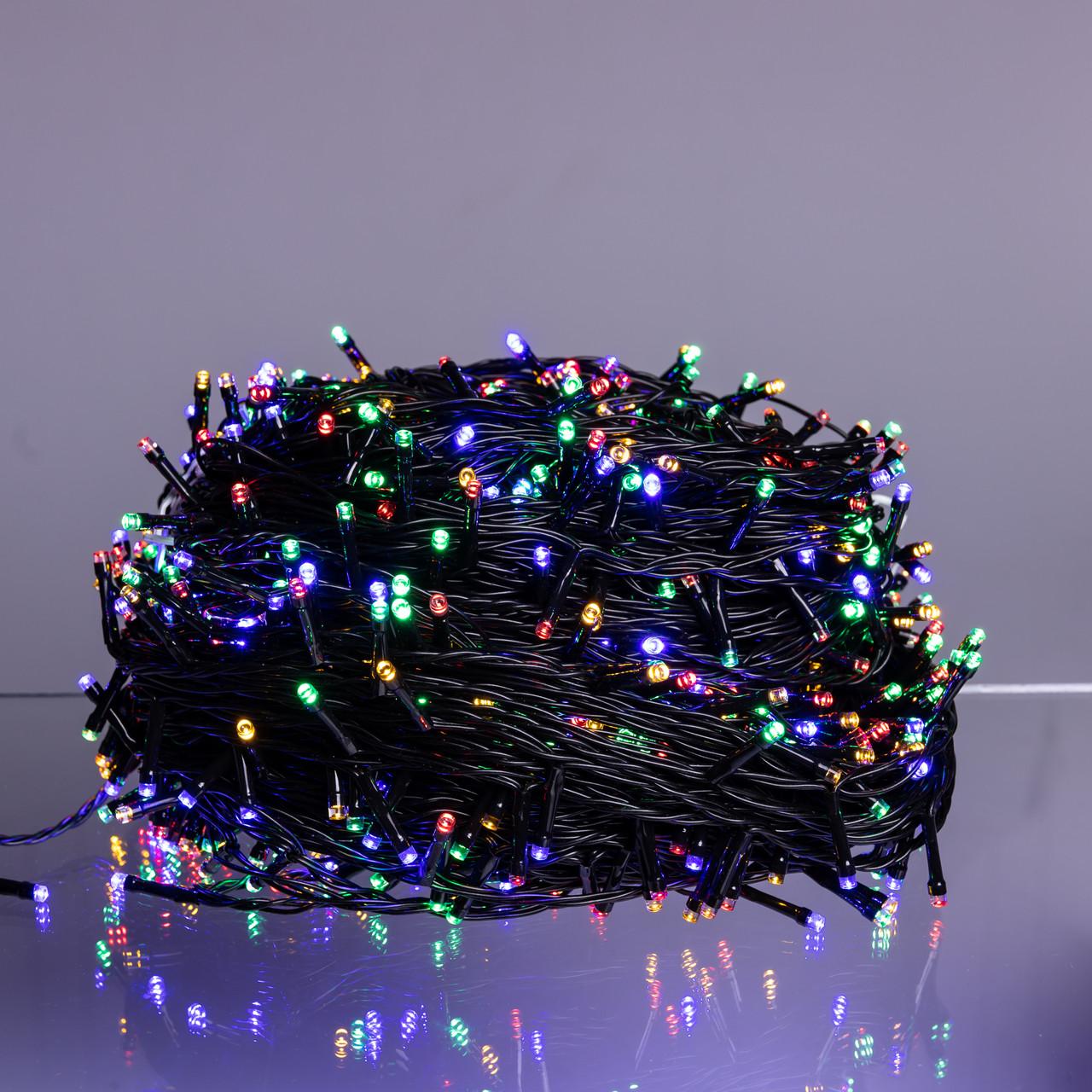 крупный план 1000 LED мультицветная гирлянда черный провод — длинная гирлянда для фасада и сада