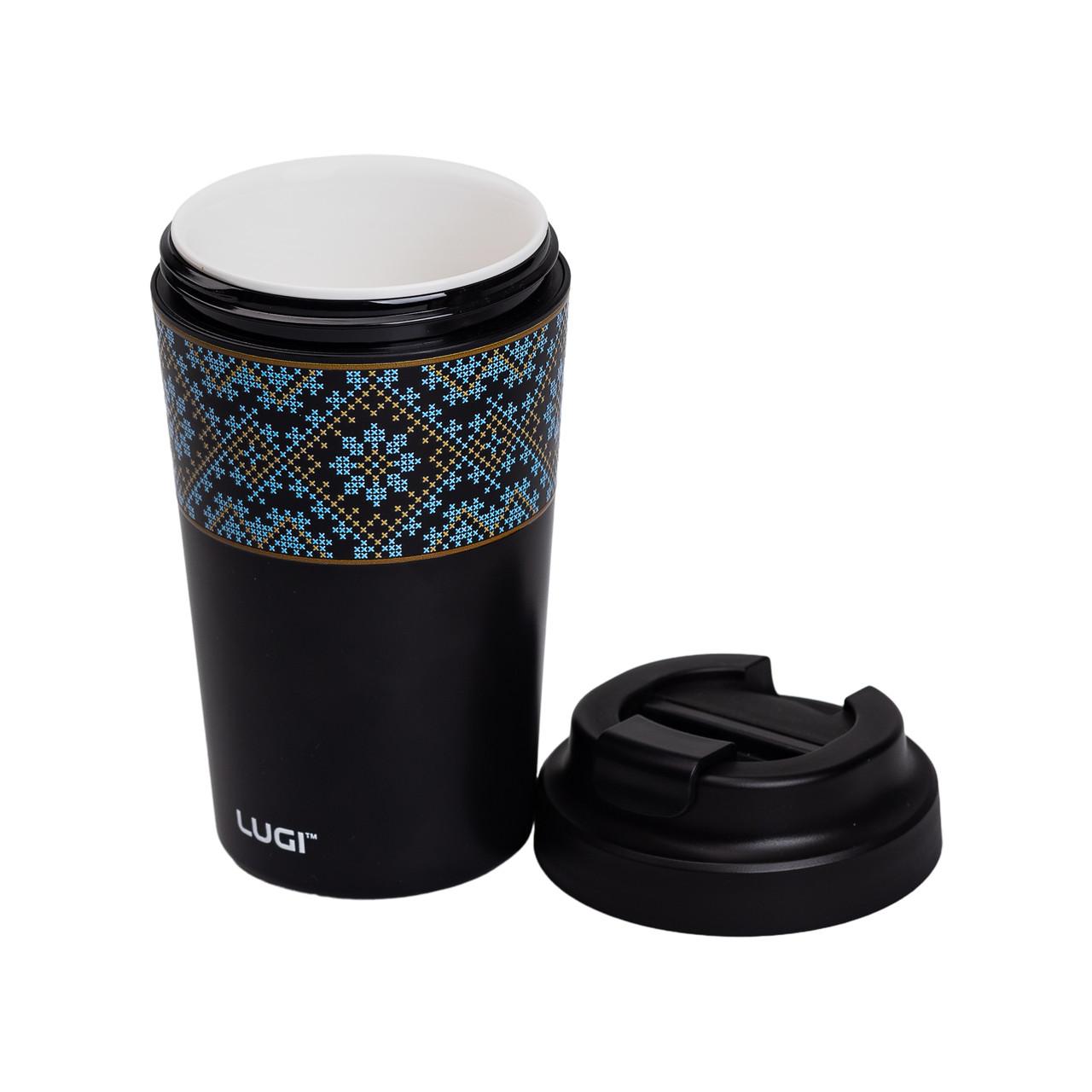 термокружка 380 мл с открытой крышкой и фарфоровой колбой — термочашка для кофе и чая