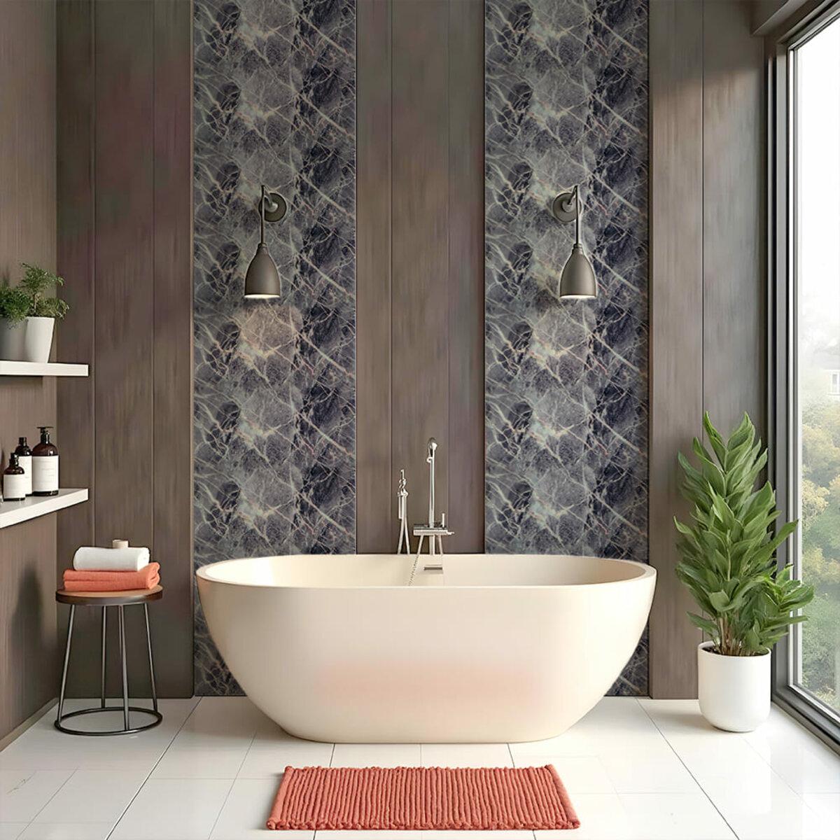 самоклеящаяся стеновая плитка 600x300 ПЭ+ПЕТ в интерьере ванной, имитация мрамора