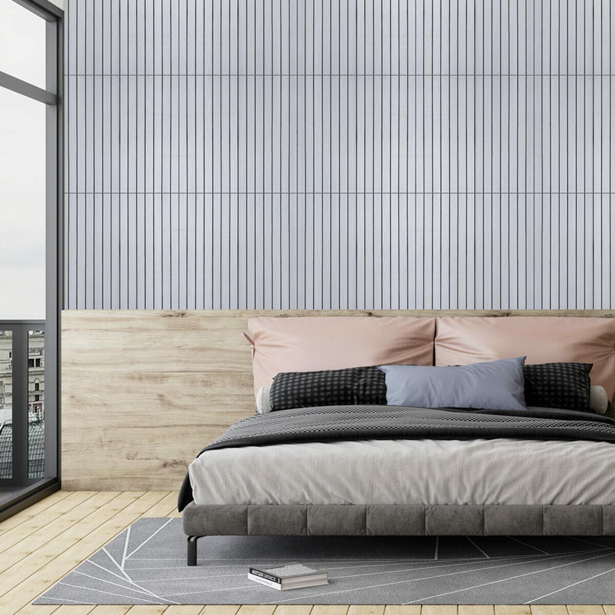 Виниловые рейки 600x600 белый графит в интерьере — гибкие настенные рейки под дерево