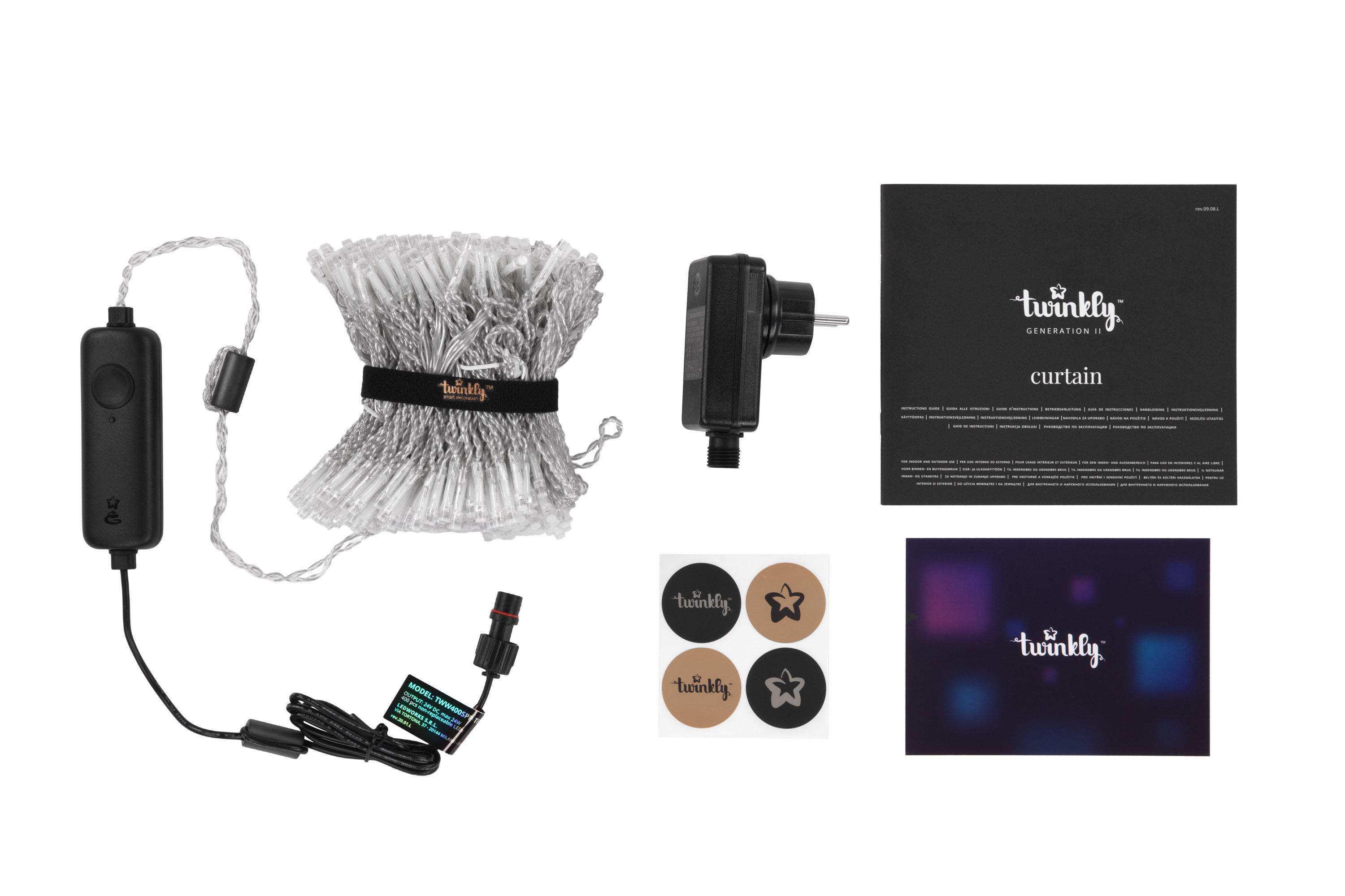 Комплектация и контроллер умной светодиодной шторы RGBW 400 — прозрачный кабель, адаптер и руководство