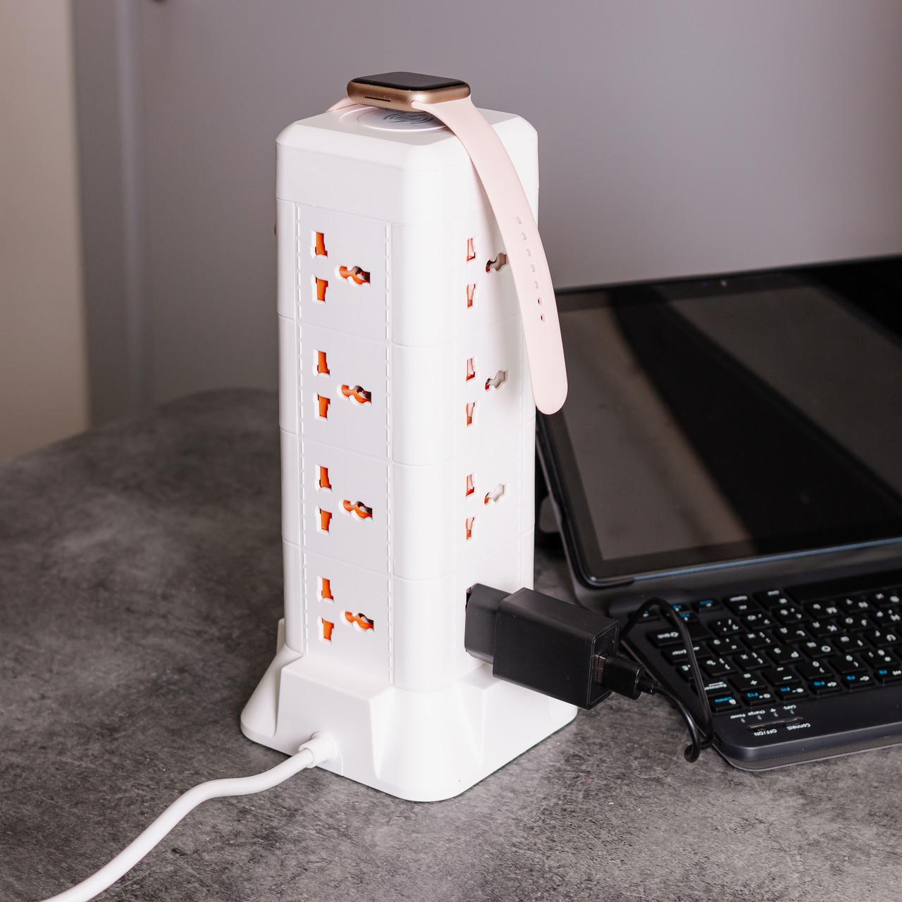 Вертикальний мережевий фільтр B24 на 12 розеток із USB, Type-C та бездротовою зарядкою на робочому столі